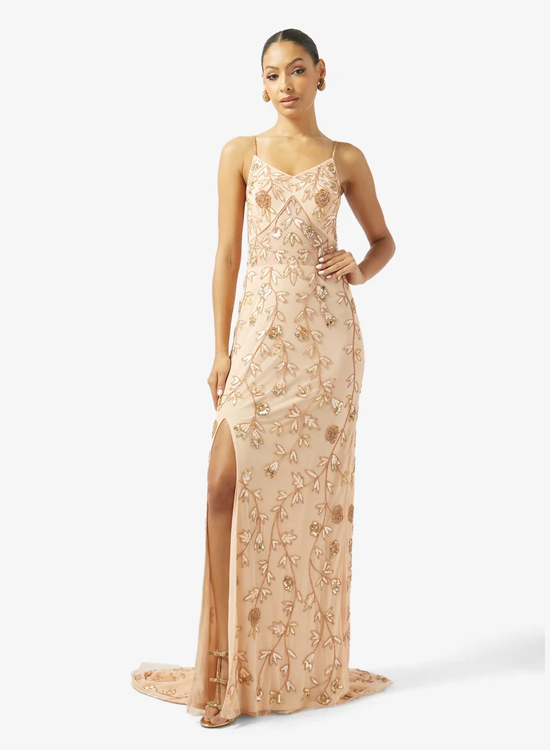 Bead Embellished Evening Gown with Slit